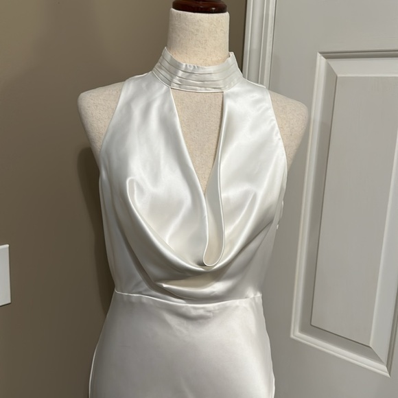 Lulus Gorgeous Vow White Satin Mock Neck Cowl Mermaid Maxi Dress - Picture 6 of 12